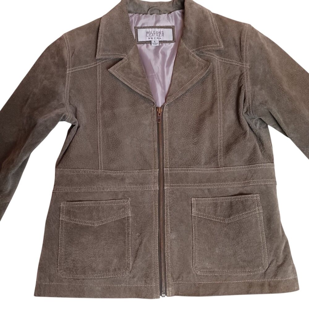 Wilson’s Leather Maxima Taupe Suede jacket Labeled L Fit Like M Fully Lined EUC
